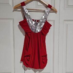 ❤️ Nora Fashion Red Sequin Neckline Party Top Sleeveless Blouse